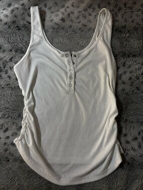 White Ribbed Henley Tank Top with snaps and cinched sides. Stretchy. New